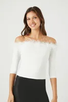 Women's Feather Off-the-Shoulder Top in Vanilla Small