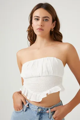 Women's Smocked Ruffle-Trim Tube Top in White, XL