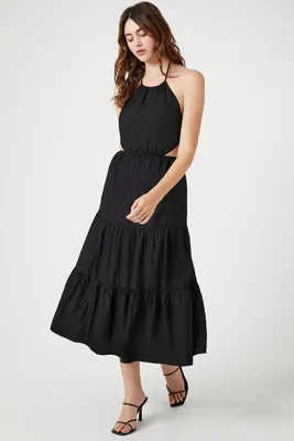 Women's Tiered Halter Midi Dress in Black Large