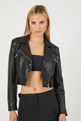 Women's Faux Leather Cropped Moto Jacket in Black Large