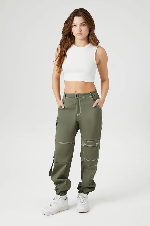 Forever 21 Women's Drawstring Wide-Leg Cargo Pants in Olive Medium