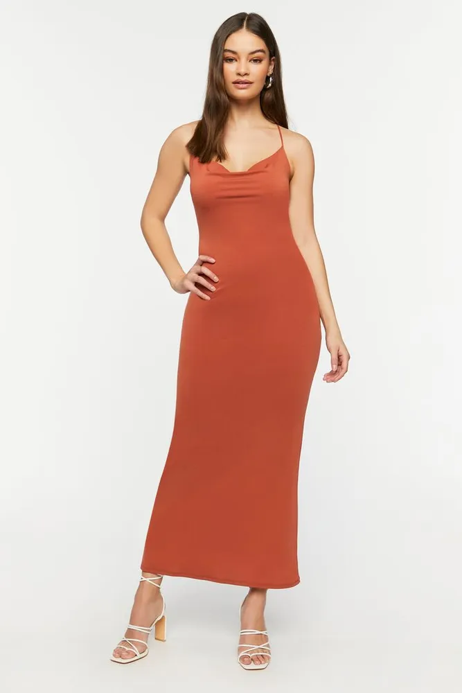 Women's Cowl Neck Crisscross Maxi Dress in Clay Small