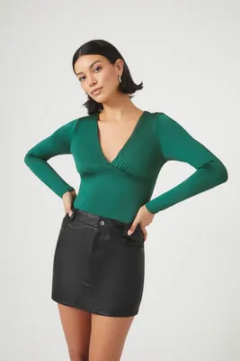 Women's Long-Sleeve V-Neck Top in Green Large