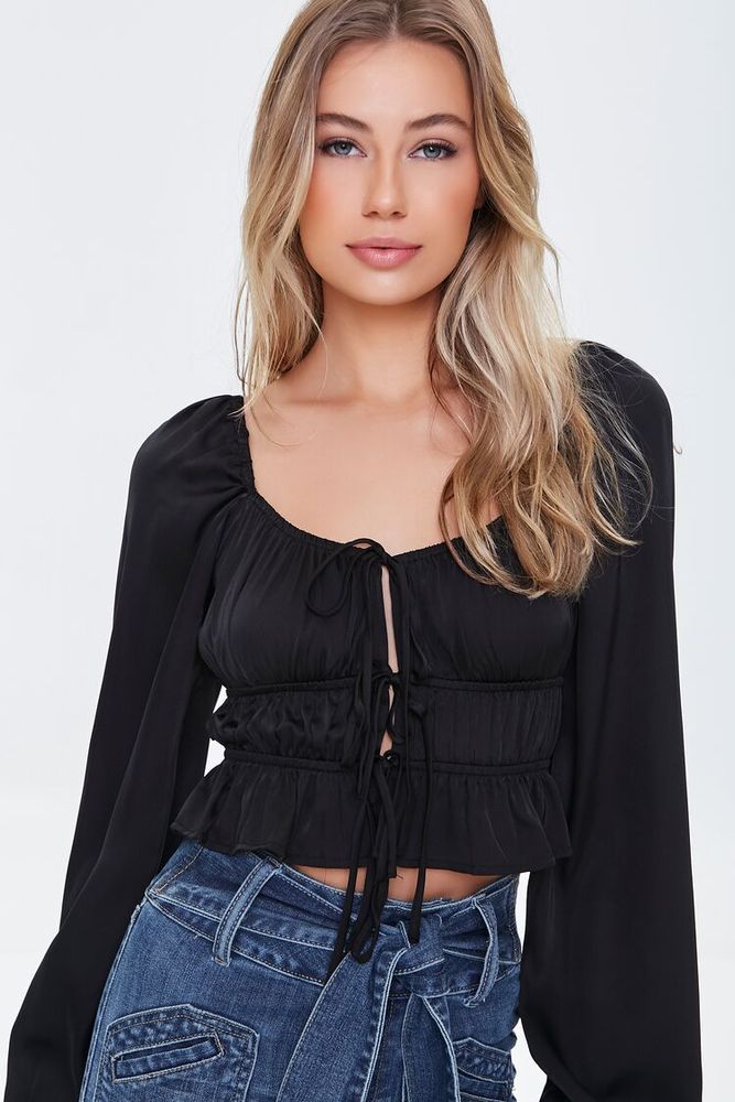 Women's Satin Ruffle-Hem Crop Top in Black Small