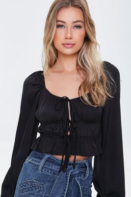 Women's Satin Ruffle-Hem Crop Top in Black Small