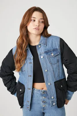 Women's Colorblock Denim Bomber Jacket Small