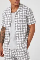 Men Linen-Blend Geo Print Shirt in White/Black Large