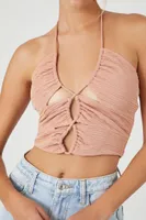 Women's Textured Cutout Halter Crop Top in Taupe, XL