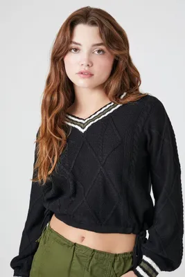 Women's Varsity-Striped Cropped Sweater in Black Large