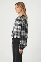 Women's Cropped Plaid Flannel Shirt in Black/White Large