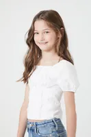 Girls Puff-Sleeve Poplin Top (Kids) in White, 13/14