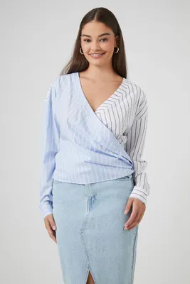 Women's Pinstriped Poplin Wrap Top in White/Blue, XL