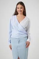 Women's Pinstriped Poplin Wrap Top in White/Blue Small