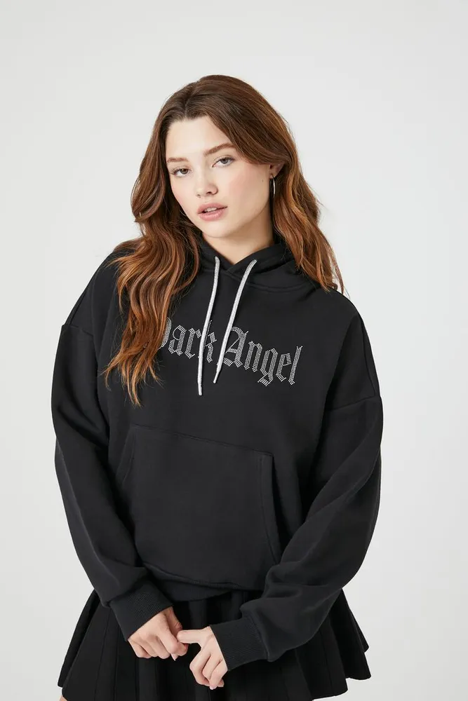 Women's Rhinestone Dark Angel Hoodie in Black Small