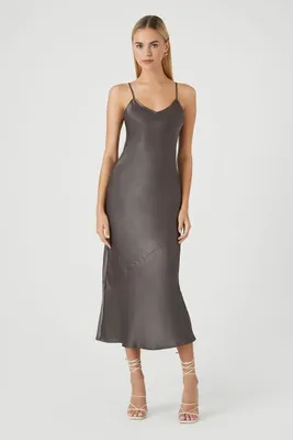 Women's Satin Maxi Slip Dress in Charcoal Small