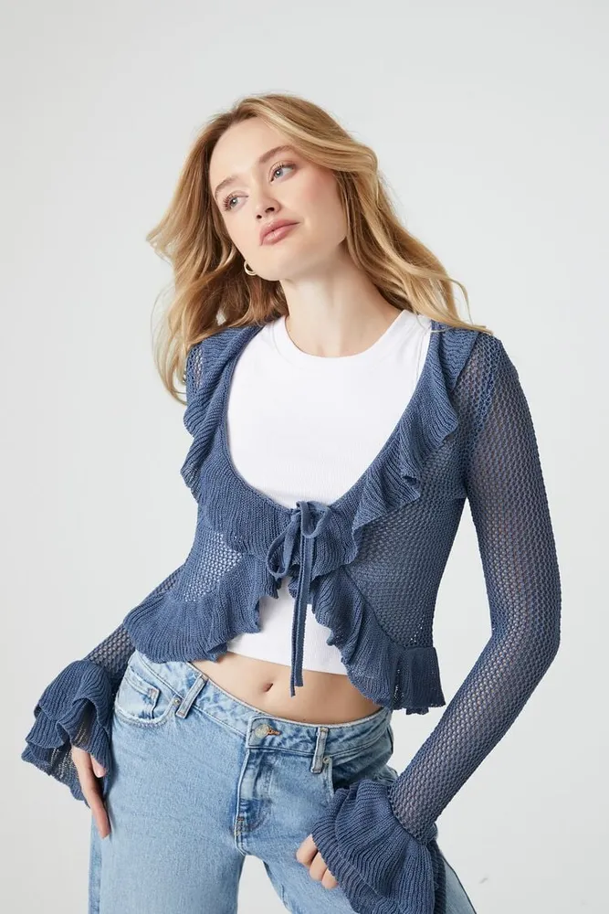 Women's Ruffle Open-Knit Sweater Dusty