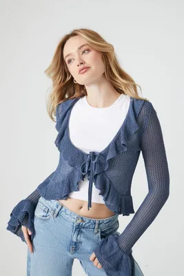 Women's Ruffle Open-Knit Sweater in Dusty Blue, XL