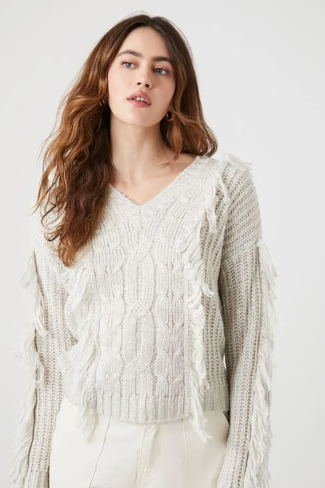 Women's Fringe Cable Knit Sweater in Heather Grey Large