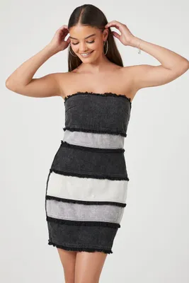 Women's Distressed Stripe Mini Tube Dress Black/White