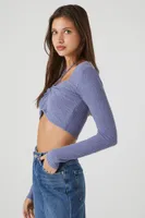 Women's Crisscross Ribbed Knit Crop Top in Heather Blue Large