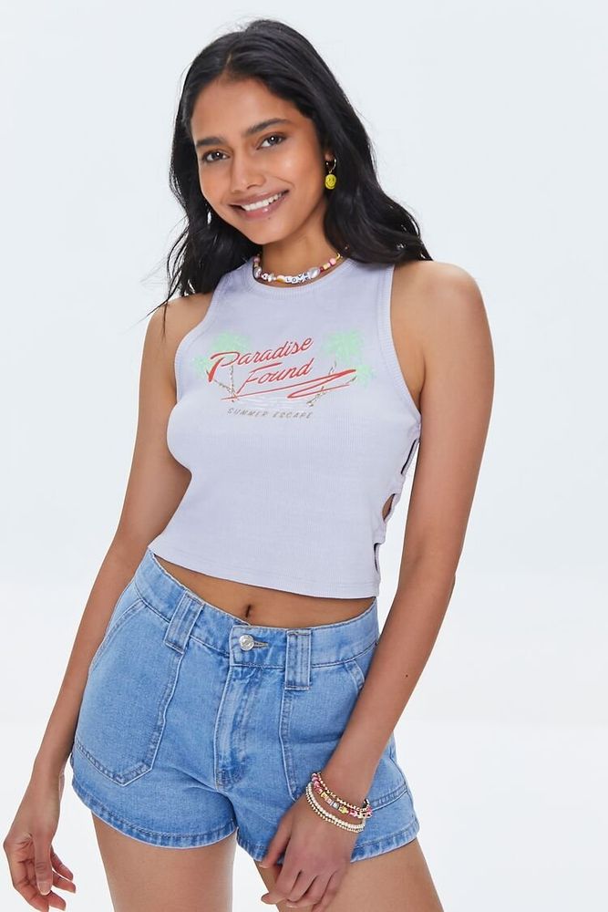 Women's Paradise Found Graphic Cutout Crop Top in Lavender Small