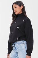 Women's Faux Gem Mock Neck Pullover in Black Large