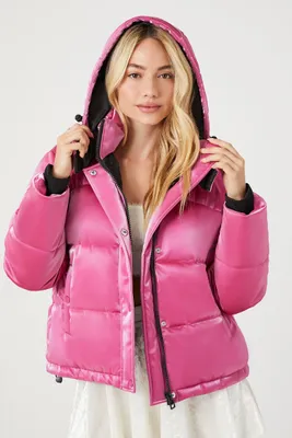 Women's Metallic Quilted Puffer Jacket in Fuchsia Large