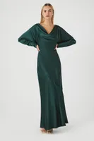 Women's Satin Cowl Neck Maxi Dress in Dark Green Small