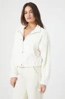 Women's Ribbed Cropped Bomber Jacket in White, XL