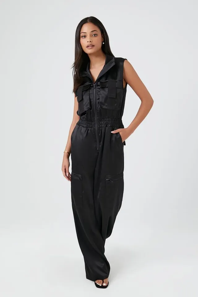 Forever 21 Women's Fitted Seamless Zip-Up Jumpsuit in Black Large