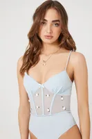 Women's Sheer Floral Corset Bodysuit in Blue Small