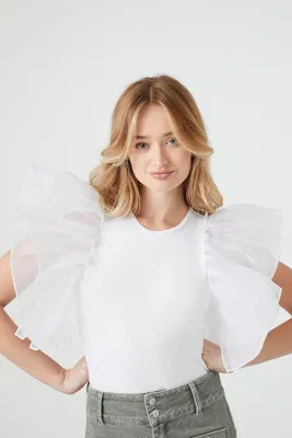 Women's Organza Butterfly-Sleeve Bodysuit in White Medium