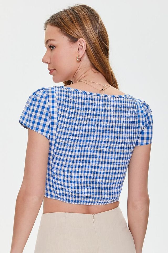 Forever 21 Women's Gingham Cutout Crop Top in Blue/White Medium