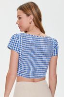 Women's Gingham Cutout Crop Top in Blue/White Large