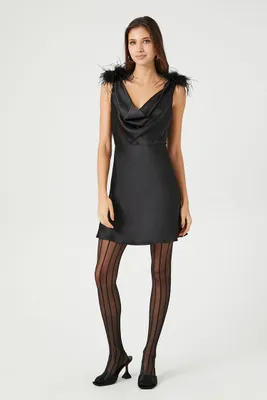 Women's Feather-Trim Satin Slip Dress in Black Small