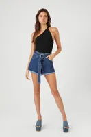 Women's Belted Frayed Denim Shorts in Dark Denim, 26