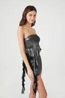 Women's Faux Leather Ruffle Tube Top in Black Medium