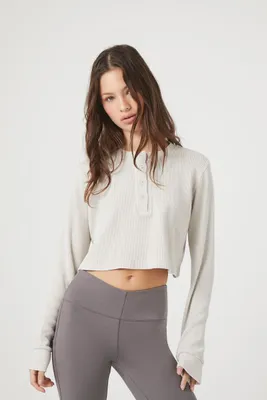 Women's Cotton Ribbed Cropped Henley Top