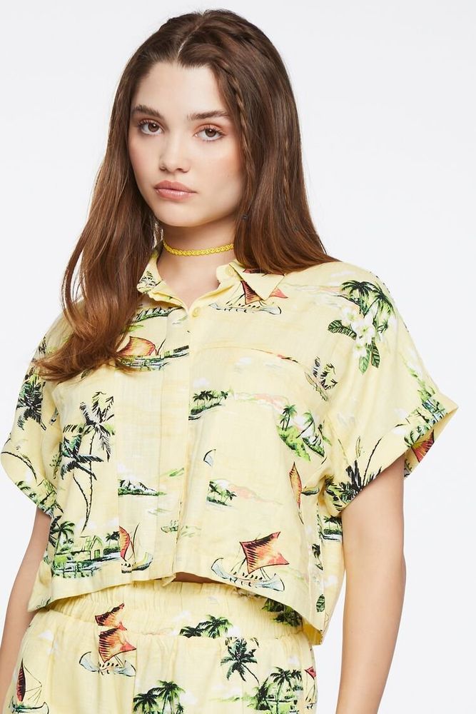 Women's Tropical Print Linen-Blend Shirt in Mimosa Large