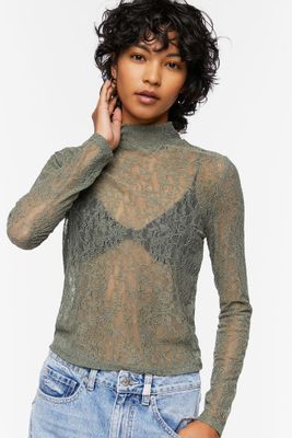 Women's Floral Lace Mock Neck Top in Tea Small