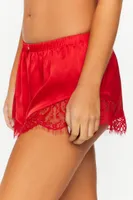 Women's Satin Lace-Trim Lingerie Shorts in Tomato Small