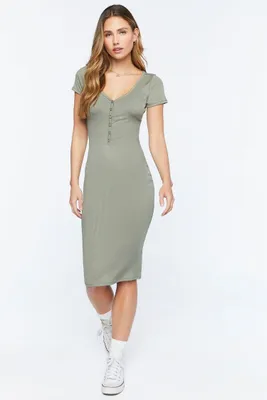 Women's Short-Sleeve Button-Front Midi Dress in Sage Large