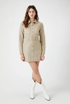 Women's Button-Up Twill Mini Dress in Khaki Small