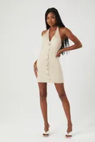 Women's Button-Front Halter Mini Dress in Sandshell Small