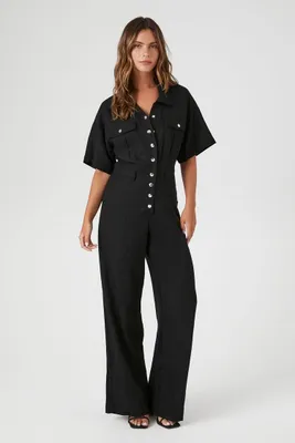 Women's Linen Snap-Button Jumpsuit in Black, XS