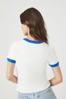 Women's Embroidered Pabst Ringer Cropped T-Shirt in White/Blue Medium