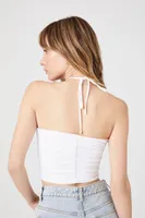 Women's Ruched Cutout Halter Crop Top in White Medium