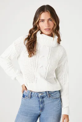 Women's Cable Knit Turtleneck Sweater in Ivory, XL