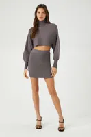 Women's Sweater-Knit Turtleneck Top & Skirt Set in Charcoal Medium