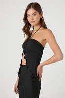 Women's Ruched Split-Hem Halter Top in Black Medium